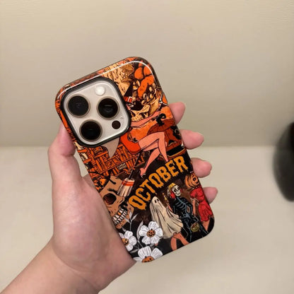 This Halloween phone case features a vintage collage of various horror elements, creating a unique and trendy accessory for the spooky season.
