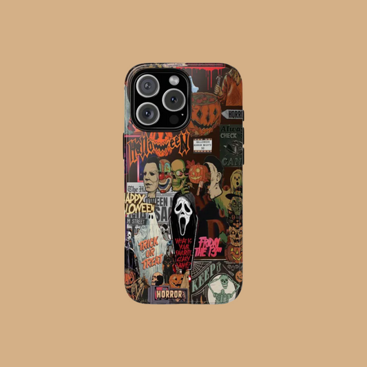 Featuring a collage of classic horror movie characters, this Halloween-themed phone case is a must-have accessory to make your phone stand out.