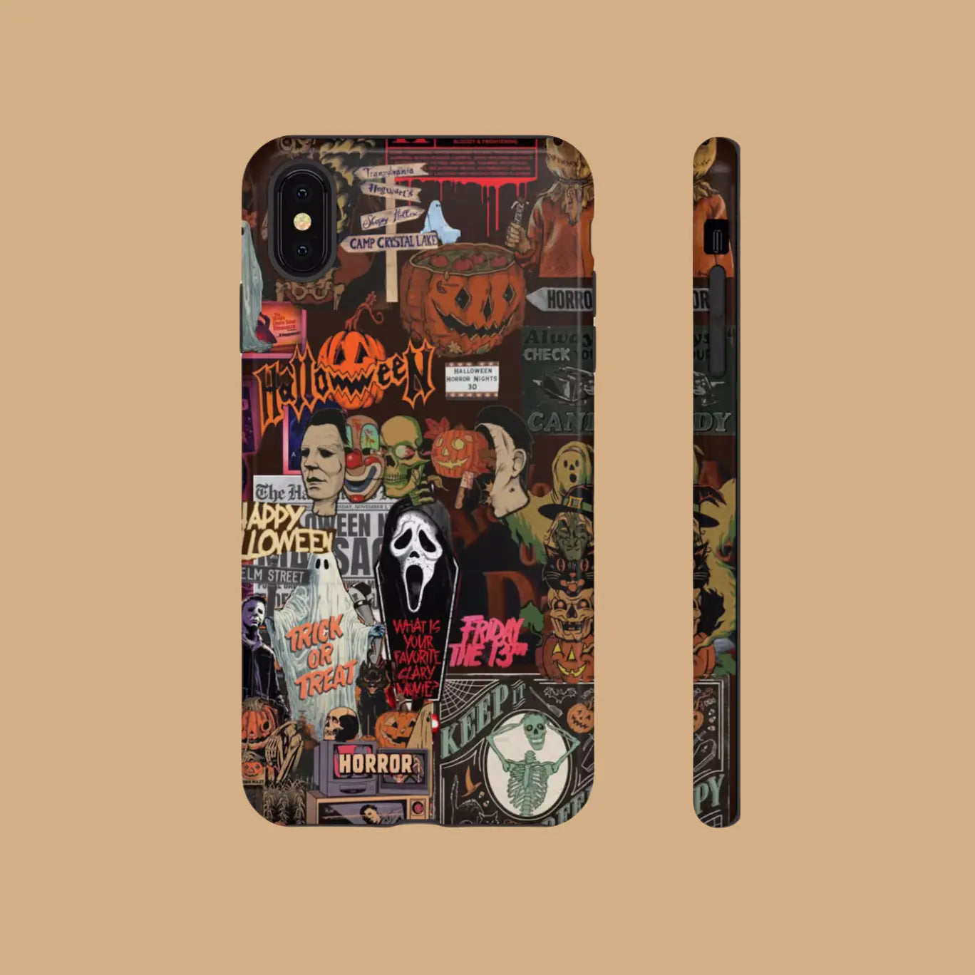 Featuring a collage of classic horror movie characters, this Halloween-themed phone case is a must-have accessory to make your phone stand out.
