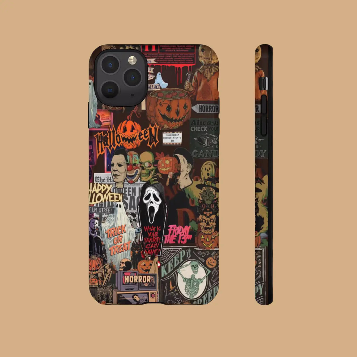 Featuring a collage of classic horror movie characters, this Halloween-themed phone case is a must-have accessory to make your phone stand out.