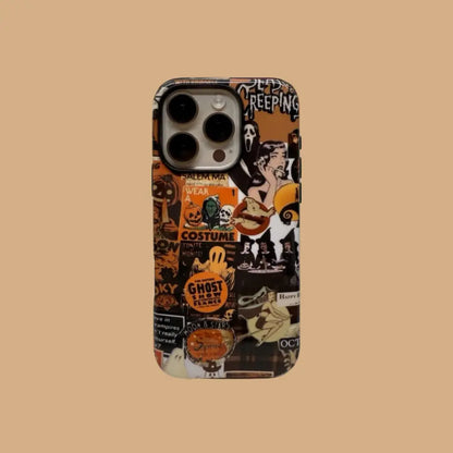 This Halloween-themed phone case features a vintage collage of ghosts, Ghostface, pumpkins, and more, adding a rich festive atmosphere to your phone.