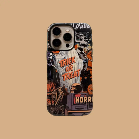 This Halloween phone case features a vintage horror movie poster collage, bringing a unique and trendy vibe that makes you stand out this Halloween.