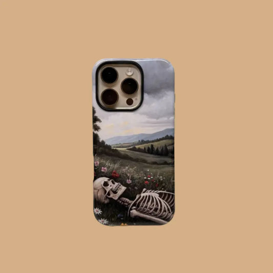 This Halloween phone case features a beautiful oil painting style of a skeleton lying in flowers, blending life and death for a unique artistic touch.
