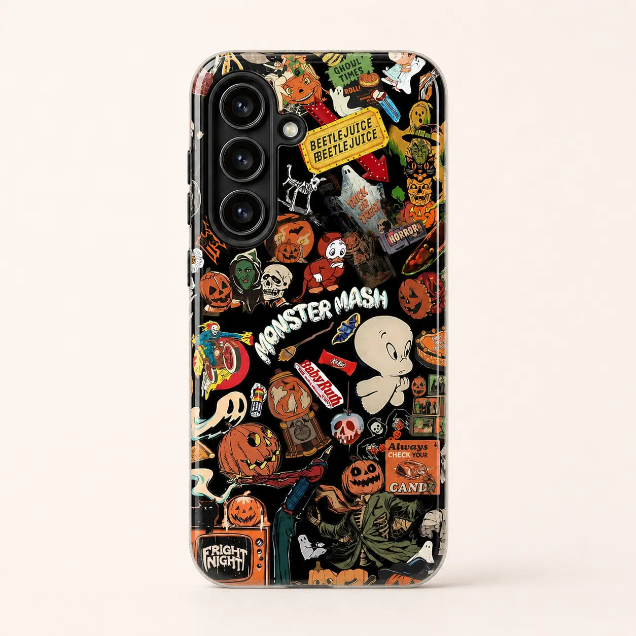 Halloween sticker bomb phone case with vintage pumpkins, ghosts, skulls, and spooky graphics on a black background.