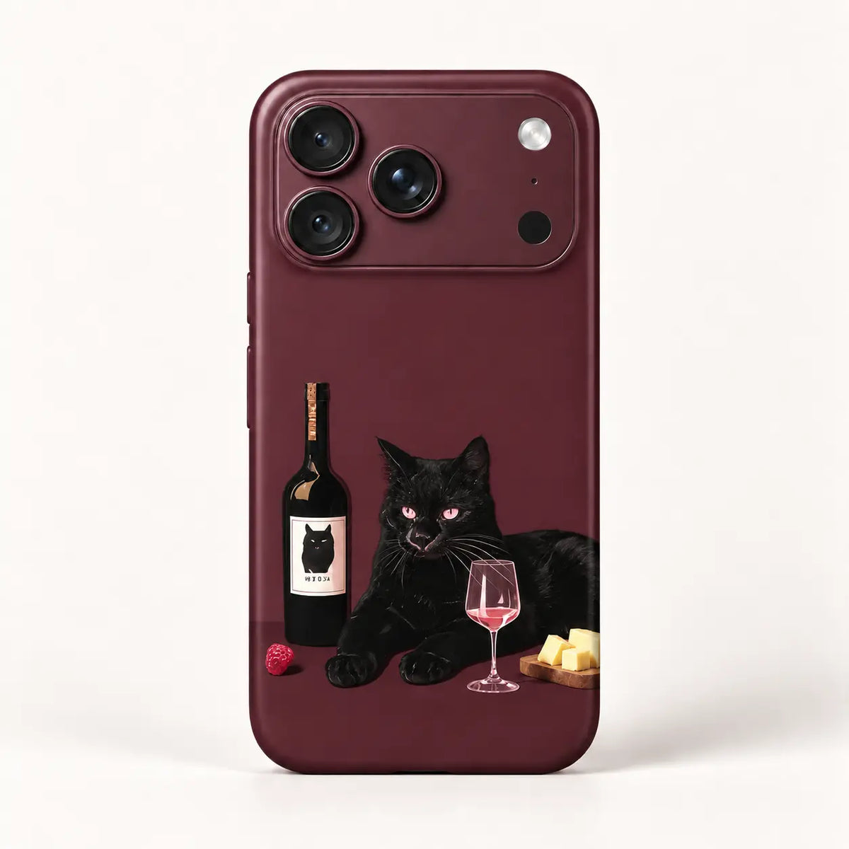 Burgundy black cat wine case for iPhone 18 Pro Max