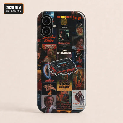 Vintage horror poster phone case with retro VHS collage design for iPhone, Samsung, and Google Pixel