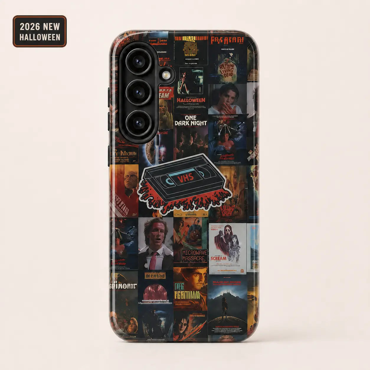 Vintage horror poster phone case with retro VHS collage design for iPhone, Samsung, and Google Pixel
