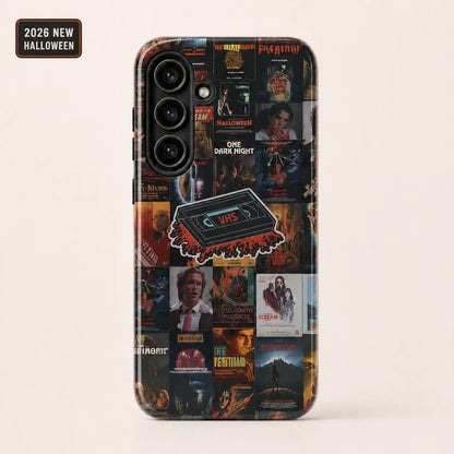 Vintage horror poster phone case with retro VHS collage design for iPhone, Samsung, and Google Pixel