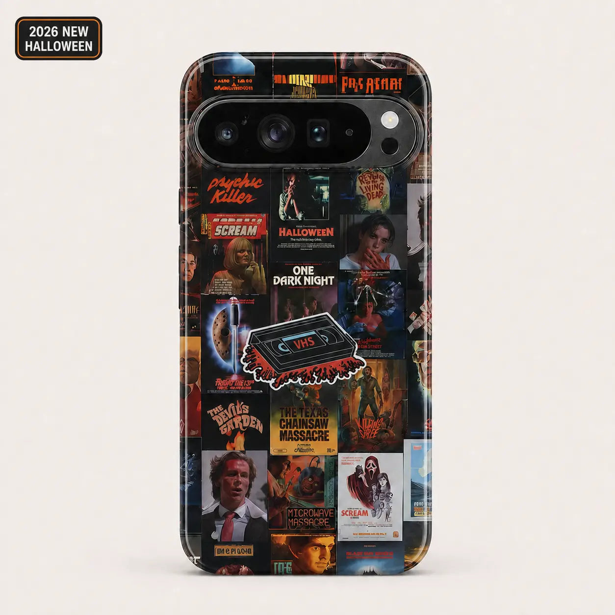 Vintage horror poster phone case with retro VHS collage design for iPhone, Samsung, and Google Pixel