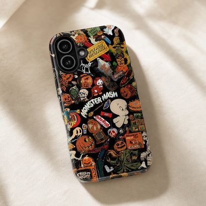 Vintage spooky phone case design with Halloween pumpkins, ghost characters, skull artwork, and sticker-style graphics.