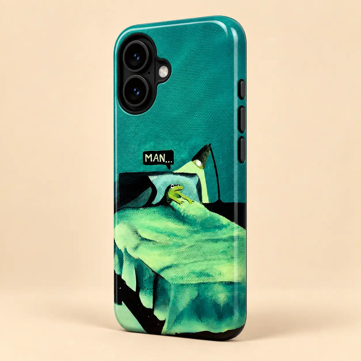 Full-wrap teal bedroom and reclining frog phone case print detail