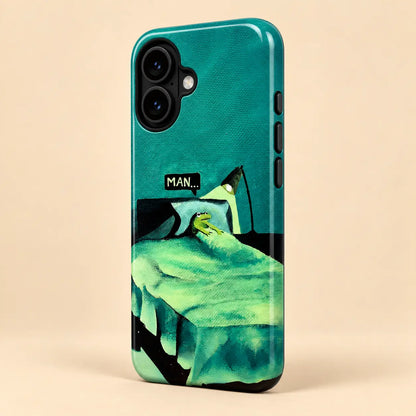 Full-wrap teal bedroom and reclining frog phone case print detail