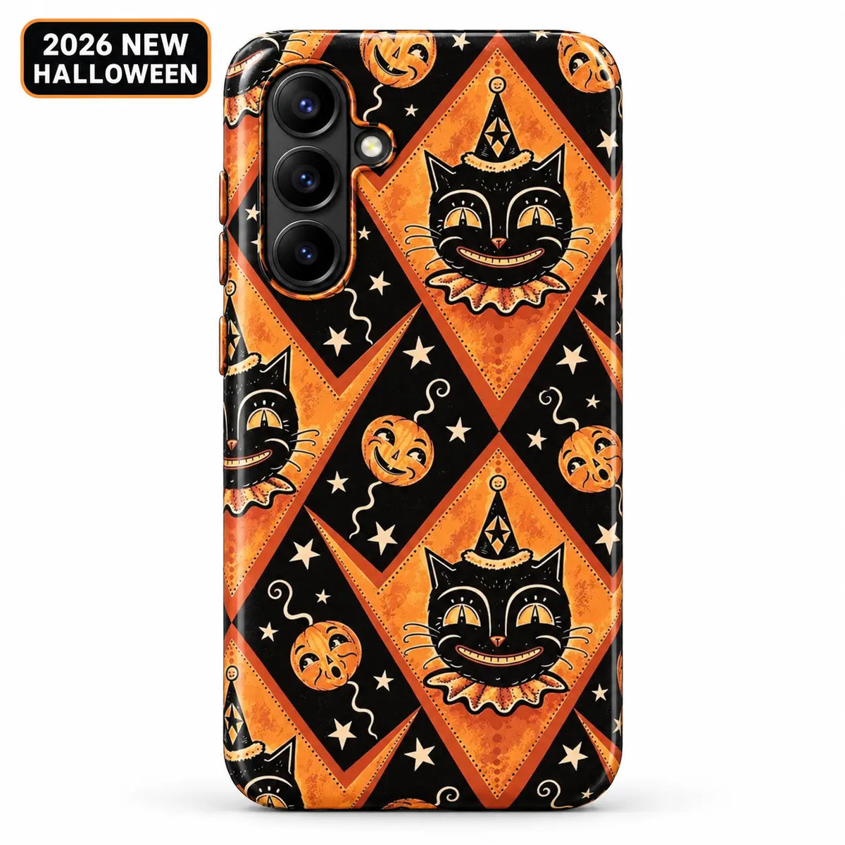 Joker Cat phone case shown on a Samsung Galaxy, with grinning cats in clown hats, ruffled collars and pumpkin faces