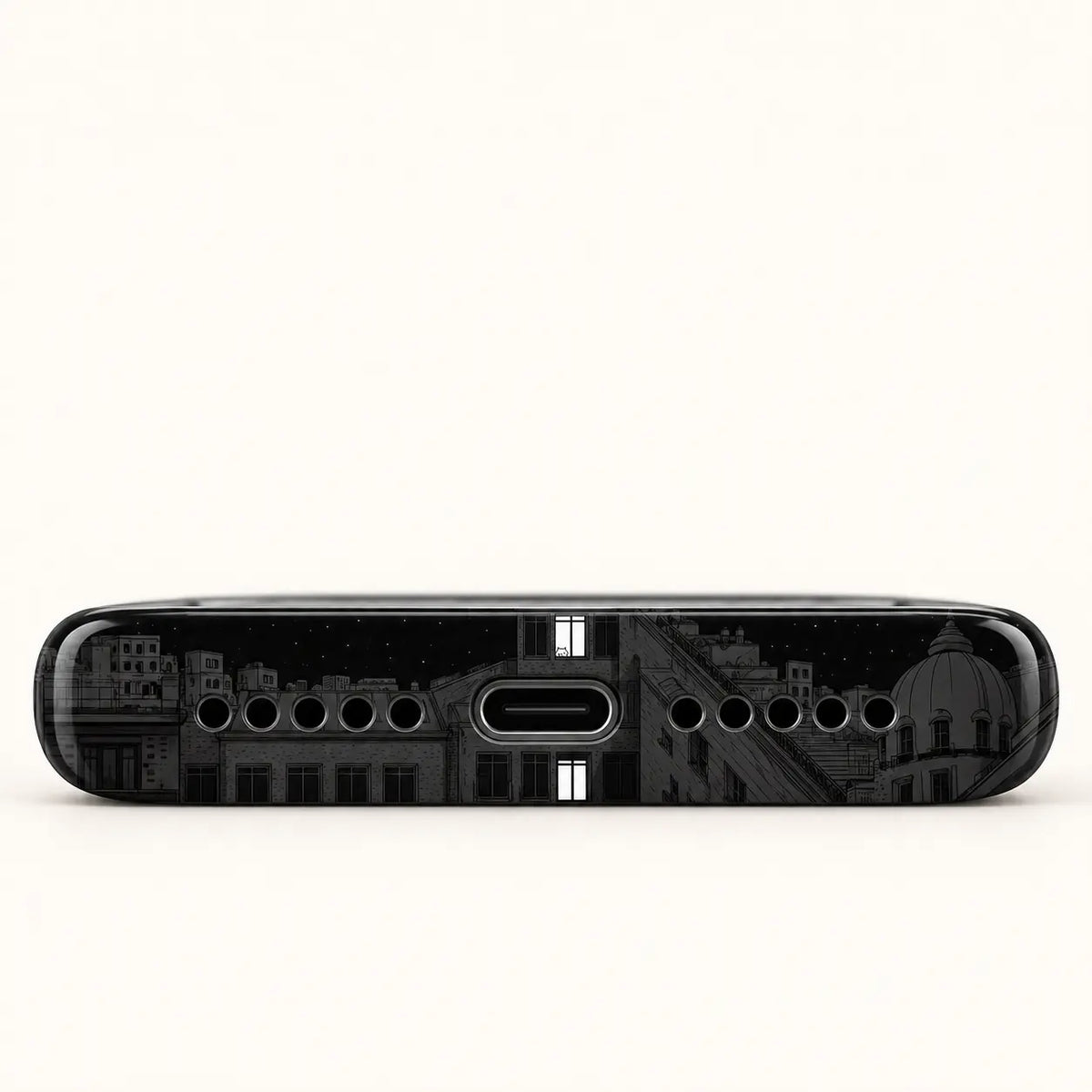Bottom view of black city phone case with USB-C port and ten speaker holes