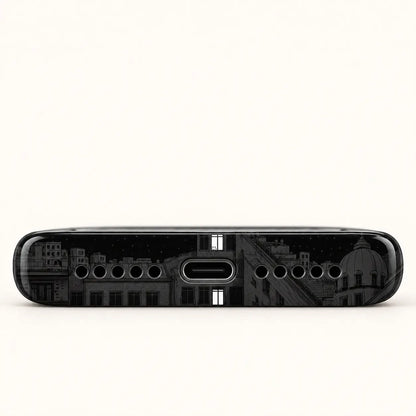 Bottom view of black city phone case with USB-C port and ten speaker holes