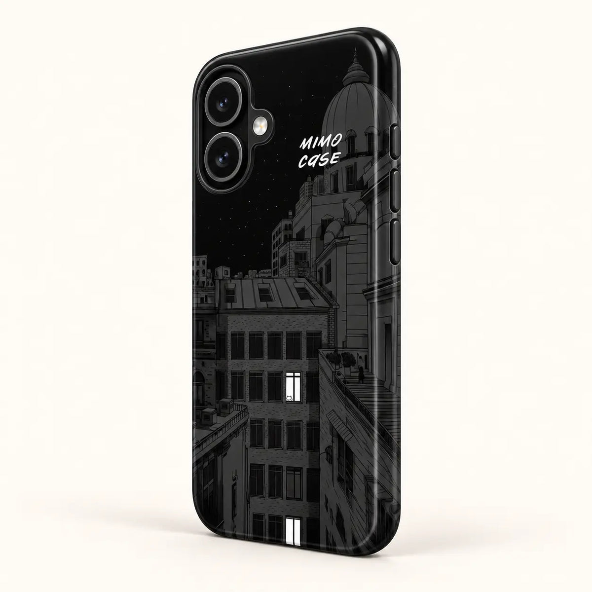 Side view of midnight city phone case with three button covers