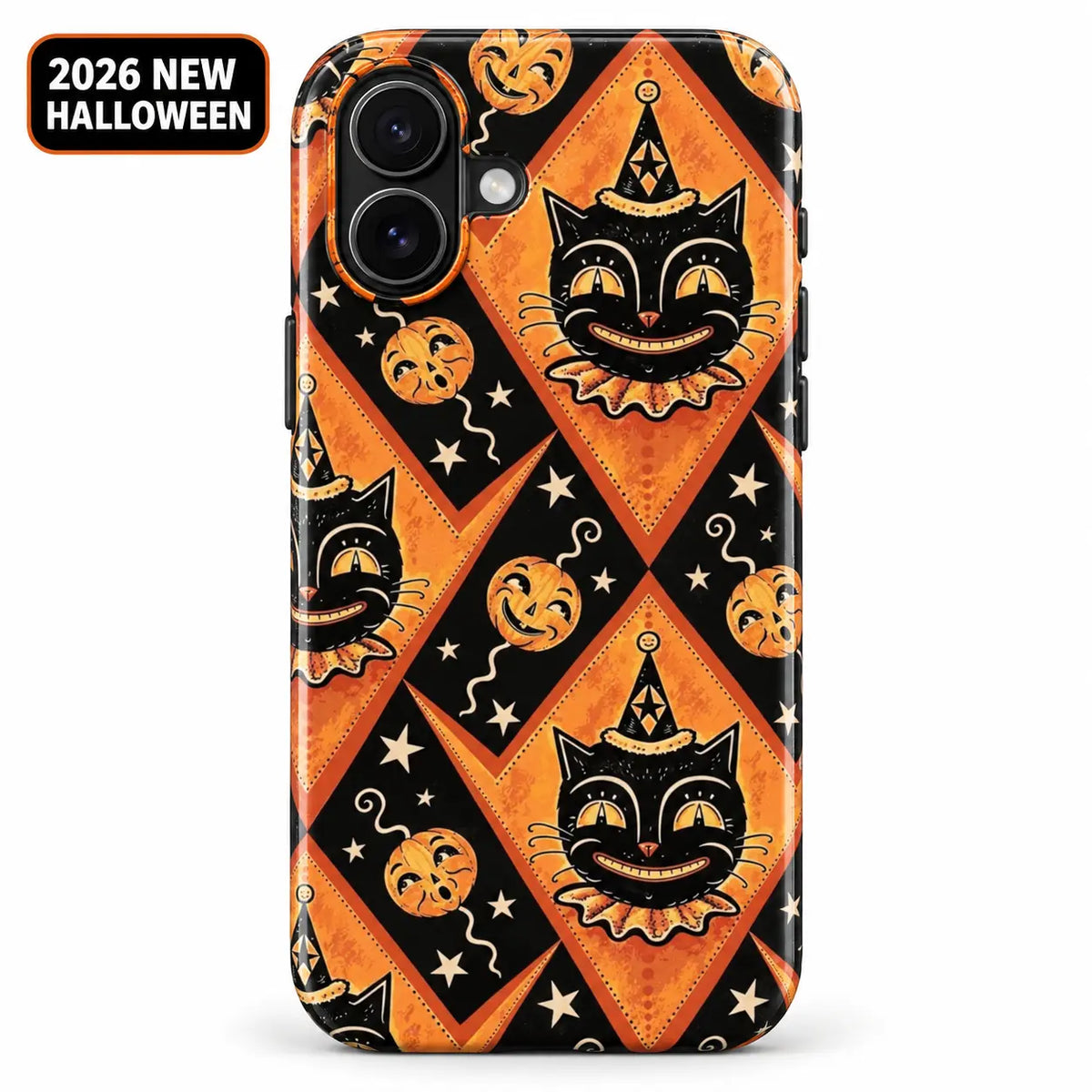 Vintage Halloween Joker Cat phone case shown on an iPhone, with orange diamonds, pumpkin faces and cream stars
