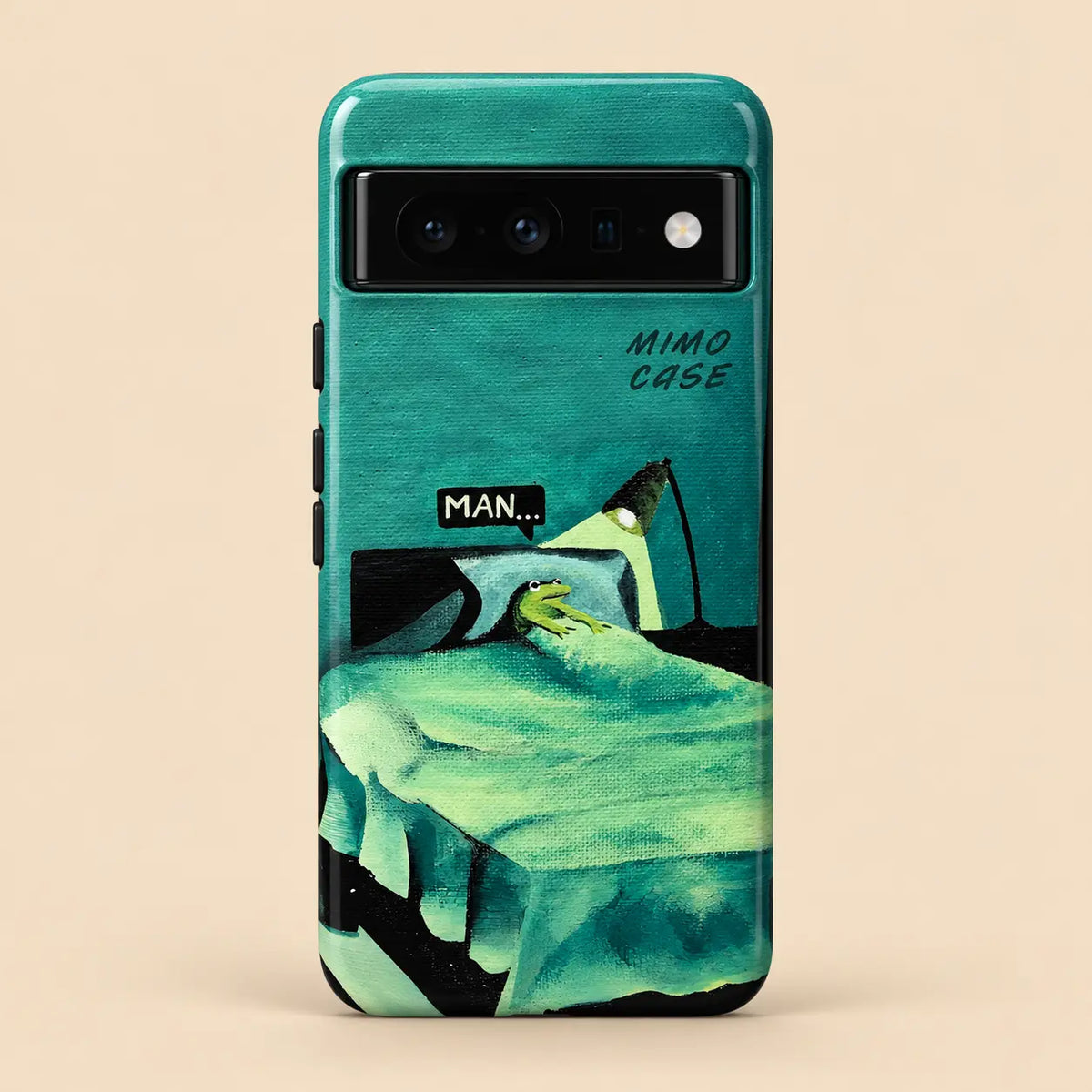 Man frog bed phone case for Google Pixel on a warm ivory background