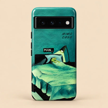 Man frog bed phone case for Google Pixel on a warm ivory background