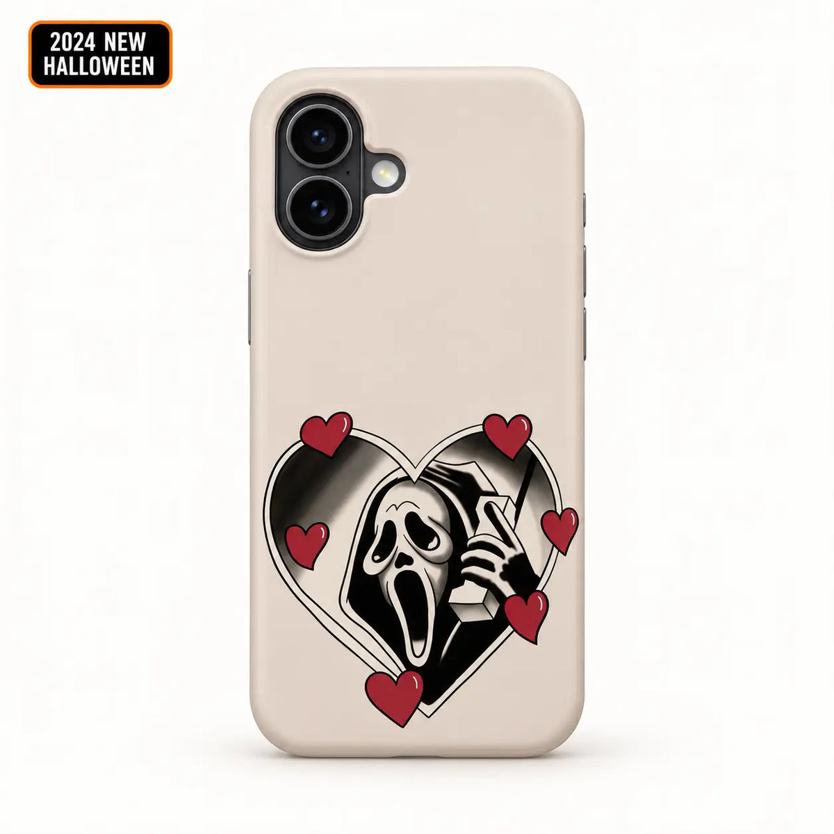 Sweet Scream phone case for iPhone 16 with heart-framed masked figure artwork
