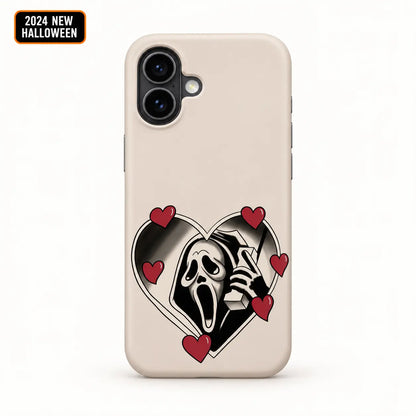 Sweet Scream phone case for iPhone 16 with heart-framed masked figure artwork
