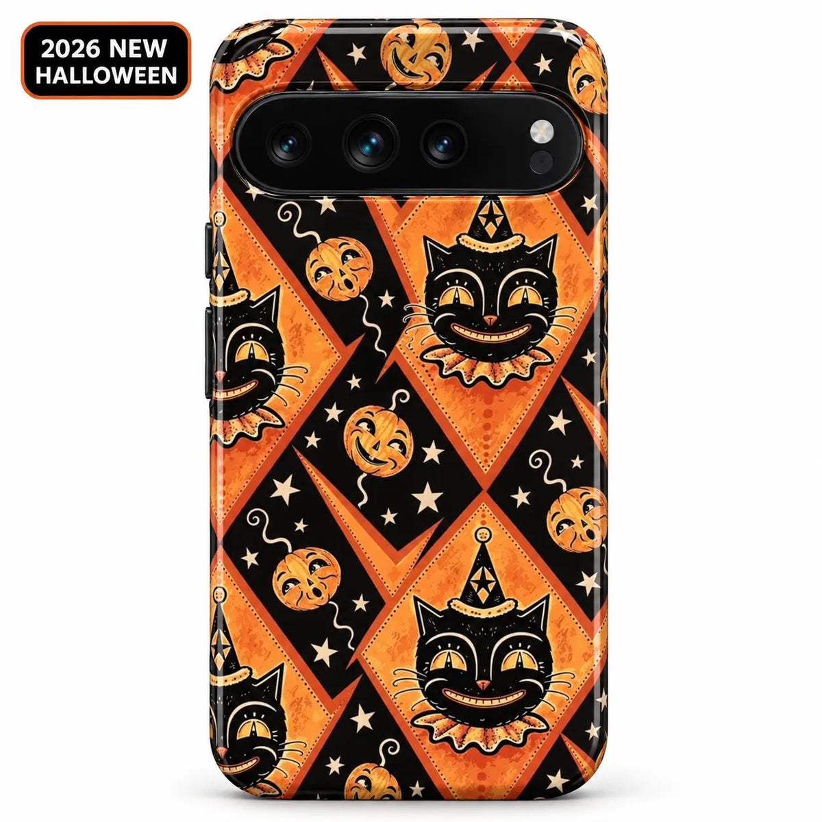 Vintage Halloween Joker Cat phone case shown on a Google Pixel, featuring cats in clown hats and orange diamonds