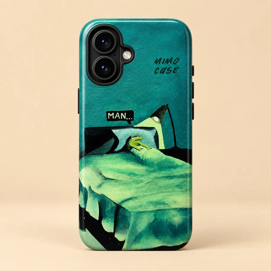 Man frog bed phone case for iPhone 16 on a warm ivory background