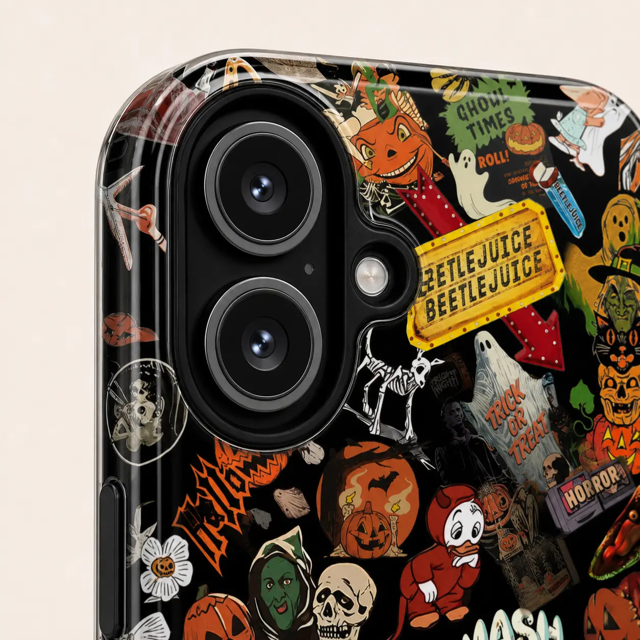 Spooky Halloween collage phone case featuring pumpkins, ghosts, monsters, skulls, candy labels, and vintage horror graphics.