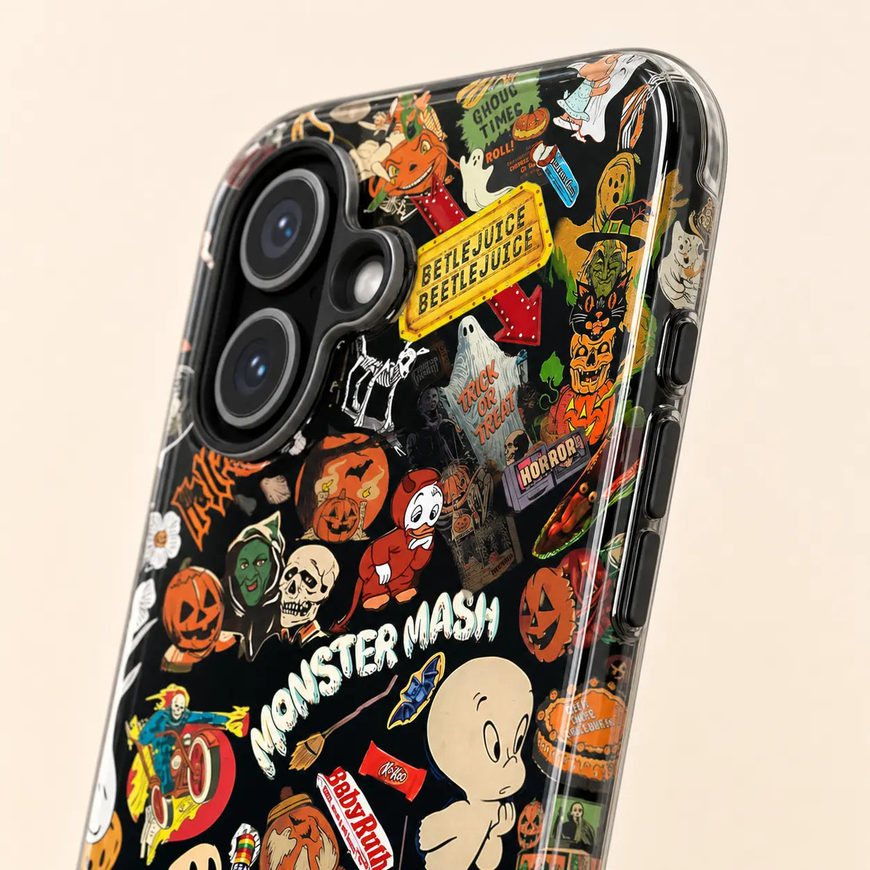 Retro Halloween phone case for iPhone, Samsung Galaxy, and Google Pixel with colorful spooky sticker collage artwork.