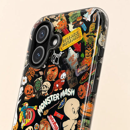 Retro Halloween phone case for iPhone, Samsung Galaxy, and Google Pixel with colorful spooky sticker collage artwork.
