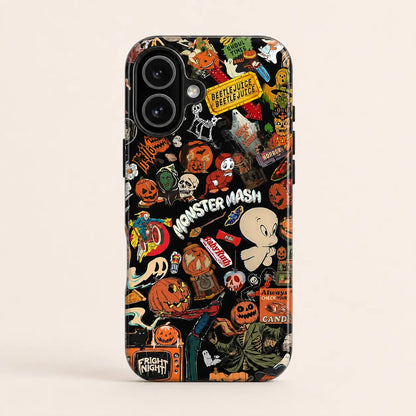 Halloween sticker bomb phone case with vintage pumpkins, ghosts, skulls, and spooky graphics on a black background.