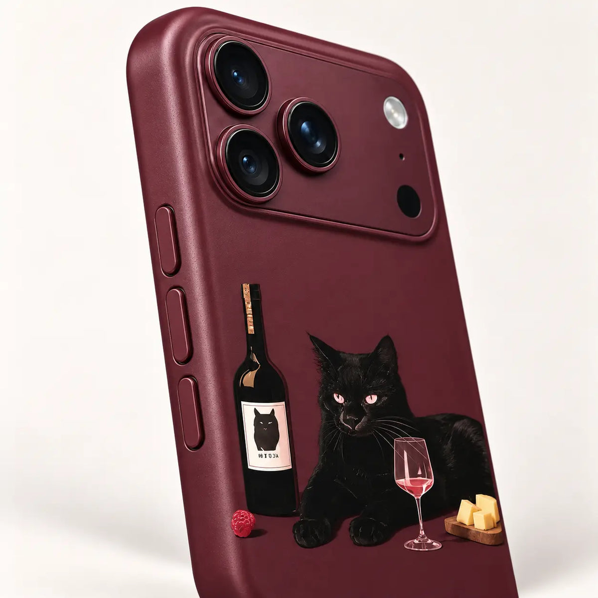 Side button detail of burgundy iPhone 18 Pro Max case