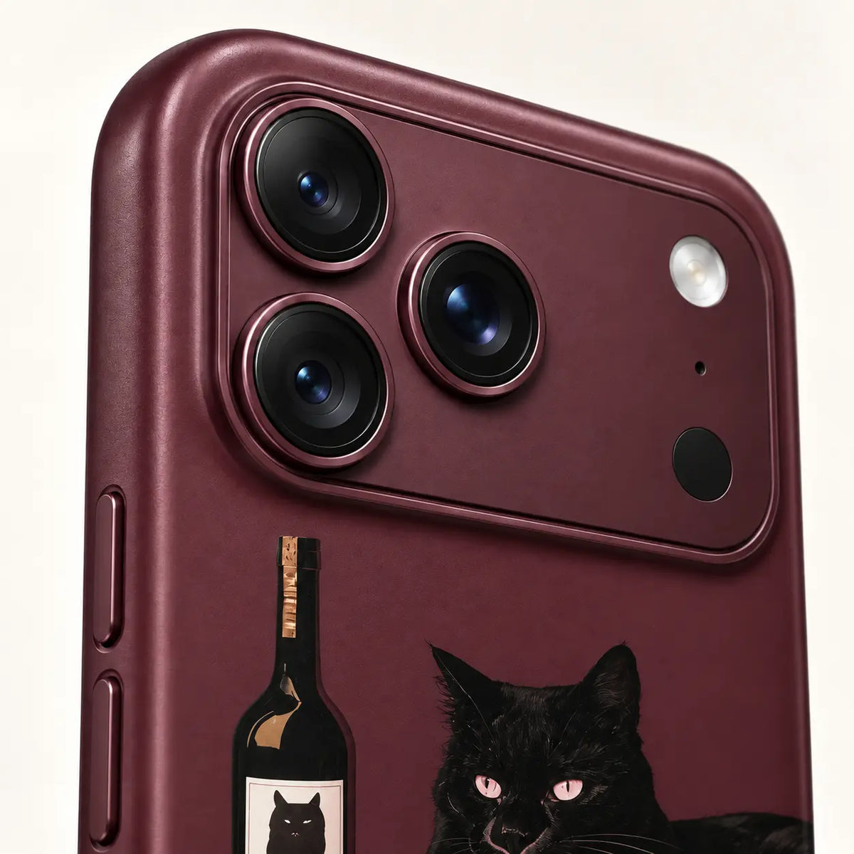 Camera protection detail on black cat iPhone 18 Pro Max case