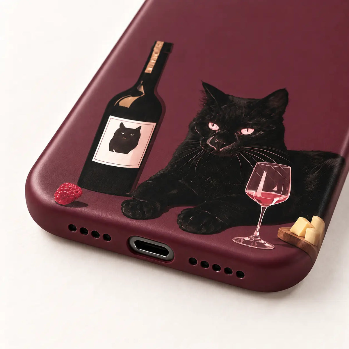 USB-C port detail of burgundy full-wrap iPhone case
